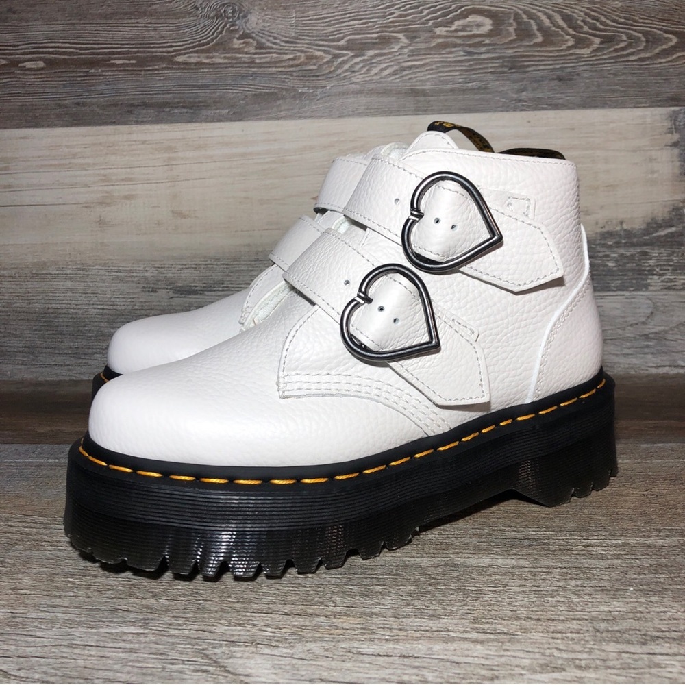 Dr. Martens White Ankle Boots with Heart Buckles